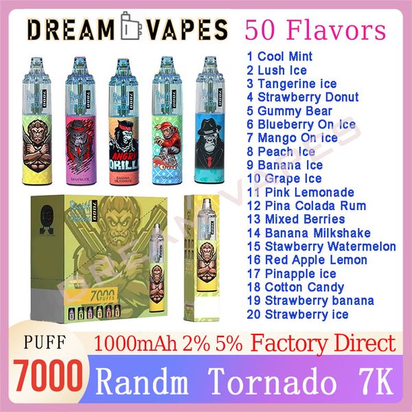 Original RandM Tornado 7000 Puff jetable Vape Pen Cigarettes électroniques 14 ml Pod Mesh Coil 6 couleurs brillantes dispositif rechargeable 50 saveurs Kit