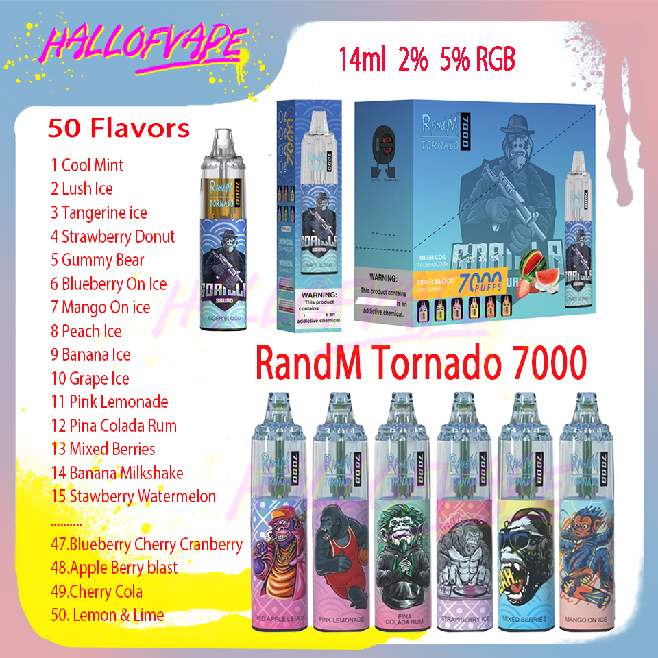Original RandM Tornado 7000 Puff E Cigarettes 14 ml Bobine de maille 2% 5% Niveau 650mAh Batterie rechargeable 50 saveurs Vape jetables Puffs 7k