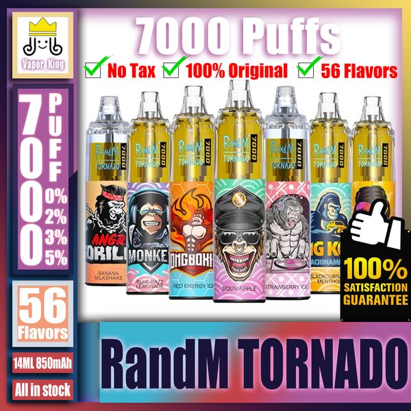 Cigarette électronique rechargeable d'origine RandM Tornado 7000 7K Puff 7000 7K avec 14 ml préremplis de 850 mAh Bobine de maille Contrôle du débit d'air Stylo vape Taxe hors taxes VS Fumot 9000 7K 9K