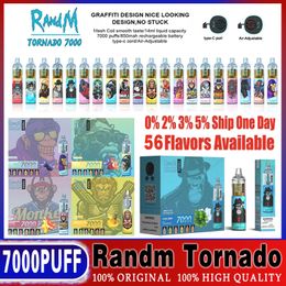 Original RandM Fumot Tornado 7000 Puffs Vape Pen desechable Randm 7000 Puff 7000 E Cigarrillos 14 ml Pod Mesh Coil 6 Dispositivo recargable brillante ajustable 0/2/3/5% 7k