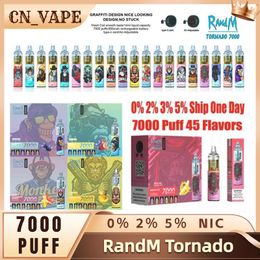 Original RandM Tornado 7000 Puffs Vape Pen desechable Cigarrillos electrónicos 14 ml Pod con bobina de malla 6 colores brillantes Recargable Aire ajustable 2% 5% nic 44 colores