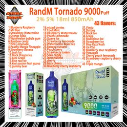 Originele RandM Tornado 9000 Bladerdeeg Wegwerp Vape Pen 0.8ohm Mesh Coil 20ml Pod Batterij Oplaadbare Elektronische Sigaretten Rookwolken 9K 2% 5% E Sigaretten