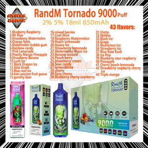 Original RandM Tornado 9000 Puff jetable Vape Pen 0.8ohm Mesh Coil 20ml Pod Batterie rechargeable électronique Cigs Puffs 9K 2% 5% E Cigarettes