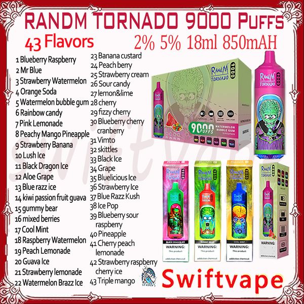 Original RandM Tornado 9000 Puff Desechable Vape E Cigarrillo 18ml 2% 5% 850mAh Batería recargable 43 Sabores RGB Glow 9K Vapes Pen Starter Kit Auténtico al por mayor