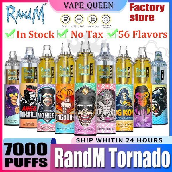 Kit de cigarettes RandM E original Tornado 7000 Puffs Kit de stylo vape jetable Cigarettes électroniques 14 ml Pod Mesh Coil 6 couleurs brillantes Air réglable 0% 2% 3% 5% Fumot 7K