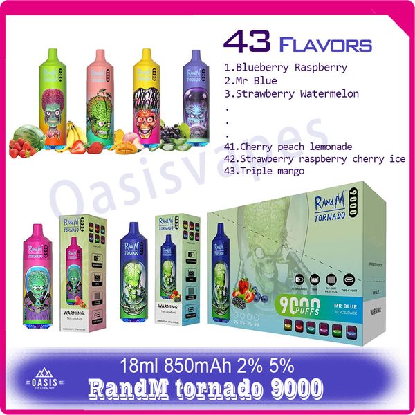 Original RandM Tornado 9000 Puff Cigarrillos electrónicos desechables 0.8ohm Bobina de malla 18 ml Pod 43 sabores Batería Recargable Cigarrillos electrónicos Puff 9K 2% 5% RBG Light Vape Pen Kit