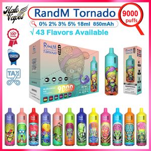Originele RandM Tornado 9000 Puff E-sigaretten 18 ml Voorgevulde Pod Puffs 9k Wegwerp Vape Pen 0% 2% 3% 5% Niveau 850mAh Oplaadbare Batterij 43 Smaken Beschikbare Vapers