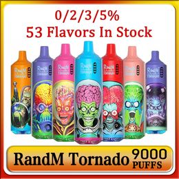 Randm tornado original 9000 bocanadas de vape desechable e cigarrillos de 0.8ohm bobina de malla 18ml cápsula batería recargable recargable hojaldre 9k cigs 0% 2% 3% 5% vape pluma 53 sabores