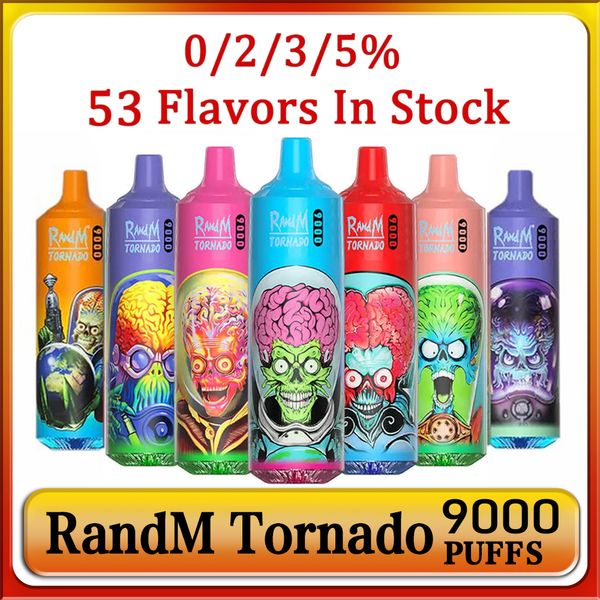 Randm Tornado 9000 Puffs Vape Vape Dernivable E Cigarettes 0,8 ohm Mesh Bobine 18 ml Pod Batterie Rechargeable Electronic Puff 9k Cigs 0% 2% 3% 5% Vape Pen 53 Flavors