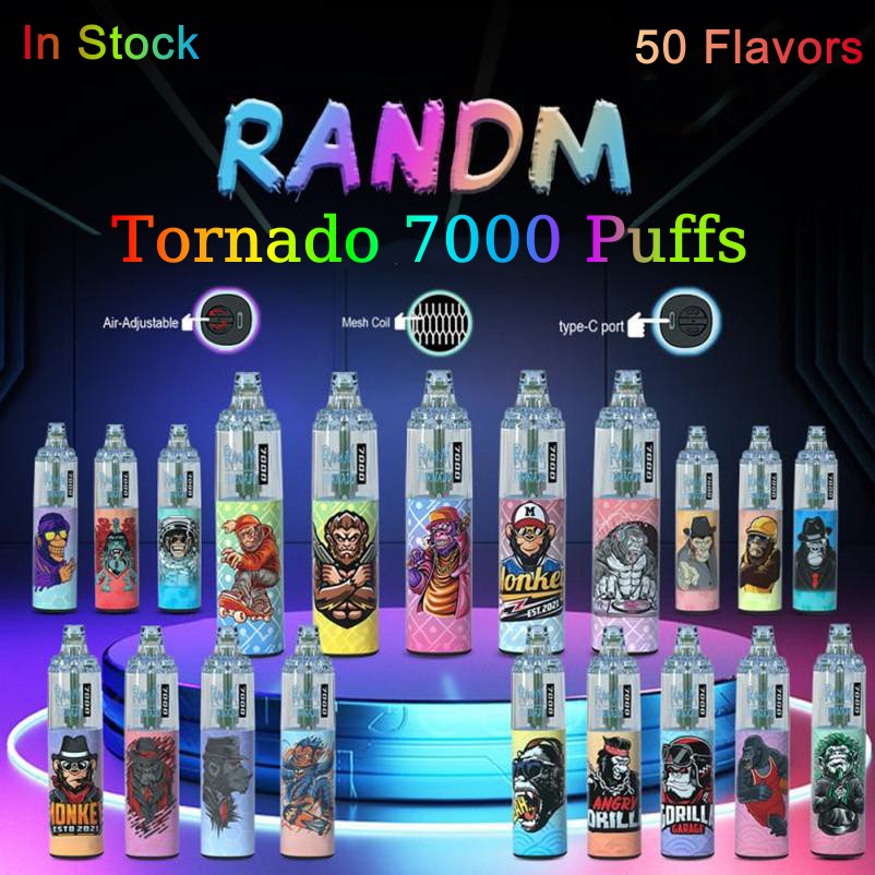 Original RandM Tornado Disposable Vape 7000 Puffs E Cigarettes Pen 2% 14ml Pod Mesh Coil Puff 7000 6 Glowing Colors 5% Rechargeable Air-adjustable 50 Flavors