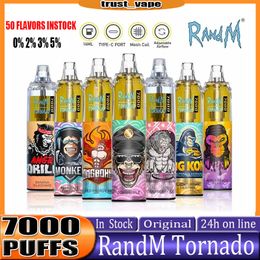 Originele RandM Tornado trekjes 7000 Wegwerp E-sigaretten Pod-apparaat 7000 trekje Krachtige batterij 0% 2% 3% 5% 14 ml Voorgevulde cartridge Mesh Coil RGB-licht Vape Pen-kit