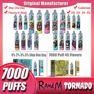 Original RandM Tornado Puffs 7000 Cigarrillos electrónicos desechables Dispositivo Pod 7000 Puff Batería potente 14 ml Cartucho precargado Bobina de malla Luz RGB Kit de pluma Vape Randm 7k