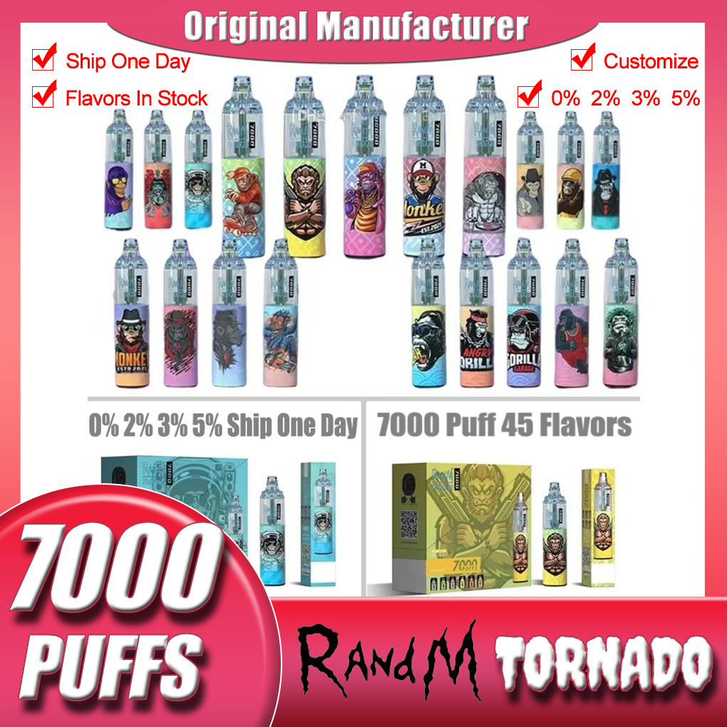 Original RandM Tornado Puffs 7000 Descartáveis E Cigarros Pod Dispositivo 7000 Puffs Bateria Potente 14ml Cartucho Preenchido Bobina de Malha RGB Light Vape Pen Kit Randm 7K