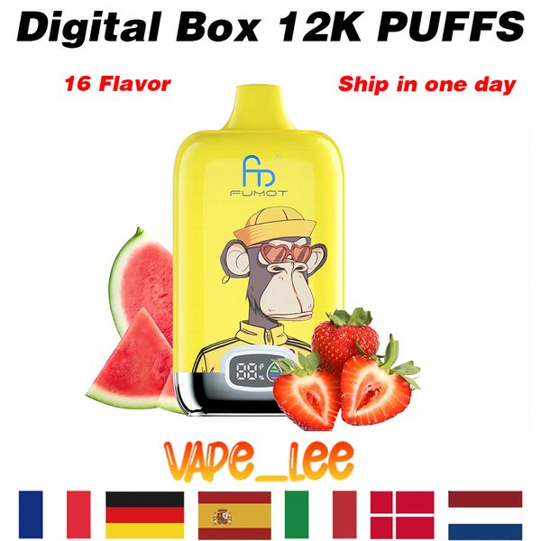 Boîte numérique originale aléatoire Fumote 12000 bouffées Vape jetable 12K 850mAh Type-C charge 20 ml avec batterie et affichage Ejuice 16 saveurs 0% 2% 5% E cigarettes