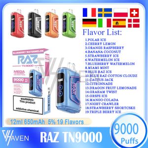 Originele RAZ TN 9000 Bladerdeeg Wegwerp Vape Pen 12ml Voorgevulde Pod Mesh Coil 650mAh Oplaadbare Batterij 5% Niveau 9k Rookwolken 19 Smaken Vape Kit