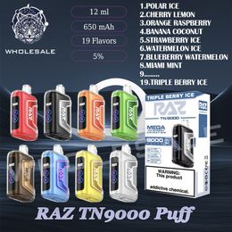 Cigarettes électroniques jetables originales RAZ TN9000 Puff 650mAh Batterie rechargeable 19 saveurs 5% 12 ml pré-remplies 9k Puffs Vape Pen