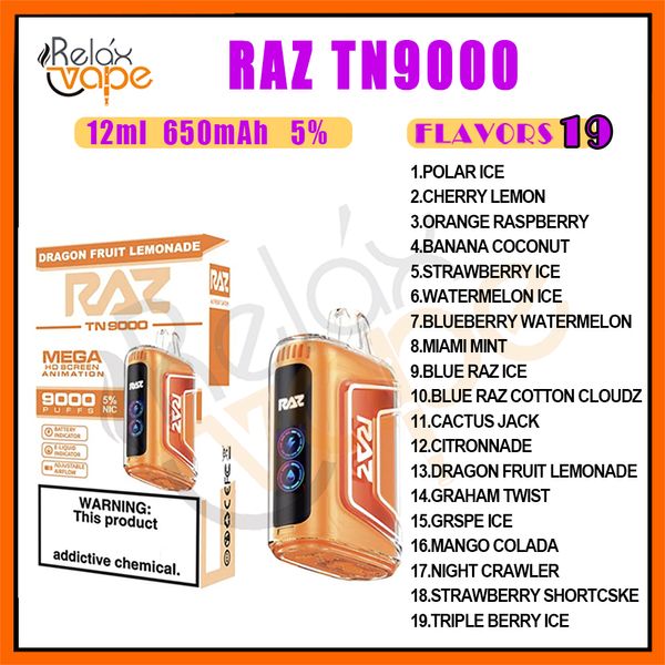 Original RAZ TN9000 Puff jetable Vape Pen Tech E Cigarettes 650mAh Batterie 19 Saveurs 5% Niveau 12ml Cartouche Pod VS 9000 Puffs Kits de périphérique Stock