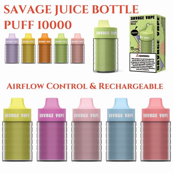 BOUTEILLE DE JUS SAVAGE originale Puff 10000 vapes jetables en gros en vrac 22 ml prérempli 2% 3% 5% Contrôle du flux d'air de la bobine de maille Vapeur rechargeable 10000 vs Tornado Vape