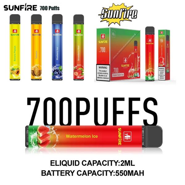 Usine de stylo vape jetable d'origine Shenzhen Sunfire 700 bouffées avec 10 saveurs TPD RoHs CE vapeur approuvée 0% 2% 3% 5%