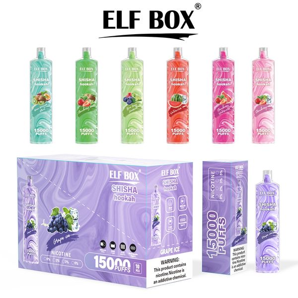 Original SHISHA 15000 Puffs jetable Vape E Cigarette 600mAh batterie rechargeable flux d'air prérempli 11 saveurs 0/2/3/5% 26ml RGB lumière inférieure ELF BOX 15K PUFF narguilé