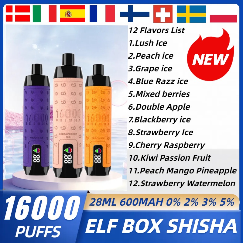 Original Elf Box Shisha Shisha 16000 Puff Einweg Vape Vape Stift Elf Box RGB 14000 Pro Puff E Zigaretten 600mAh Typ-C vorgefüllter Schot
