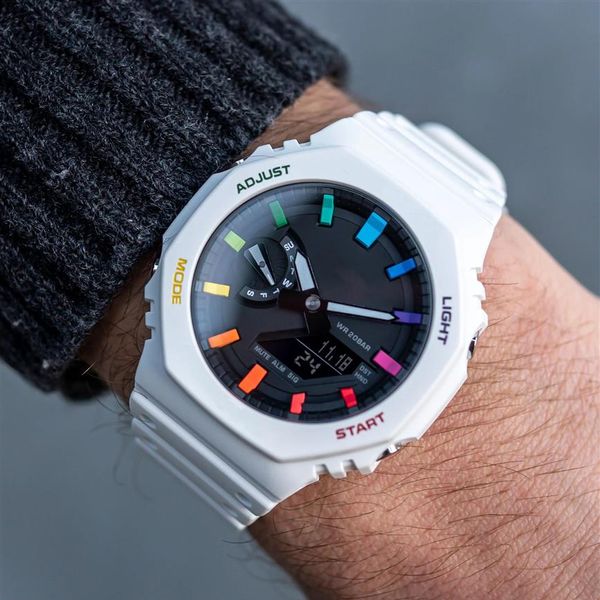 Reloj de choque original Digital Sport Quartz 2100 Reloj unisex Serie White Rainbow Oak Desmontable y ensamblable dial impermeable210e