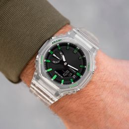 Origineel schokhorloge Sport Digitaal Quartz Unisex GA2100 Afneembare montage LED Wereldtijd Waterdicht Groen Transparant Eiken Serie