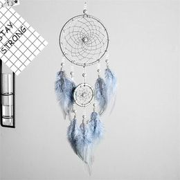 Attrape-rêves gris argenté original 2 anneaux plume indienne suspendus cadeaux d'art à des amis créatifs saint valentin 220426