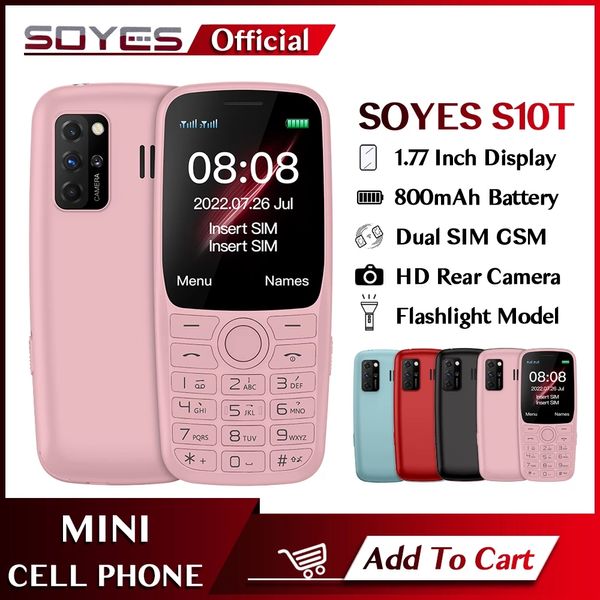 Original Soyes S10T Tarjeta ultra delgada Teléfono celular Super Mini 2G GSM 800mAh 1.77 '' Tarjeta SIM dual desbloqueada Antideslizante Antideslizante Antorcha FM Estudiante Anciano Teléfono celular