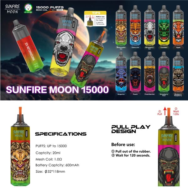 Sunfire d'origine 15K Puffes Dernivins E Cigarettes 15000 Puff 20 ml Jui de stylo vape de vape 600mAh