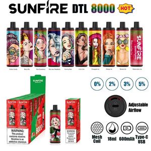 Original Sunfire 8000 Puffs Crayon Vape jetable Cigarette électronique 18 ml 600 mAh Débit d'air réglable rechargeable 0% 2% 3% 5% par Shenzhen Factory Prix de gros