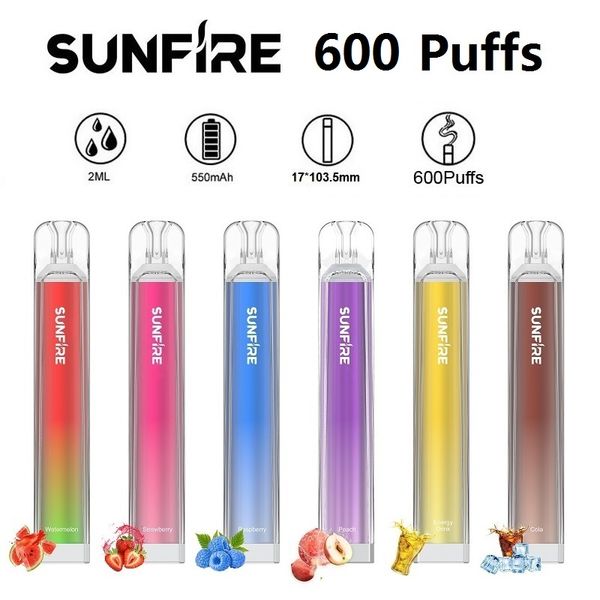 Crystal Sunfire d'origine 600 Puffs Dernivins E Cigarettes Vape Pen 0% 2% 3% 5% Tank 2 ml Bobine de mailles de feu inférieur 6 FLAVOR