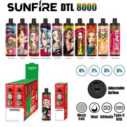 Original Sunfire DTL 8000 Puffs Vape jetable 18 ml prérempli 600 mAh Débit d'air réglable en bas Dispositif de cigarette électronique en option 20 mg 30 mg 50 mg