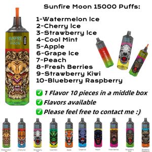 Original Sunfire Moon 15000 Puffs Disposable E Cigarette RGB 20ml Préfilé 600mAh Dispositif de vape rechargeable Vapeur de conception de fuite 20mg 30mg 50mg pour la tornade