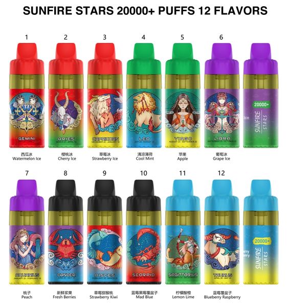 Stars du soleil original 12000 15000 Puffle jetable vape 30 ml Refipillable et rechargeable Vape E-cigarette Pod Kit 6 mg 12 saveurs avec lampe de poche LED Contrôle du flux d'air