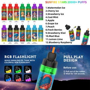 Sunfire Stars original 20000 Puffs desechables Vape RGB Systems 12ml 30ml Precilado 600mAh Dispositivo de vape recargable Francia Vapes legal 30000 Puff 15k 20k V Voopoo