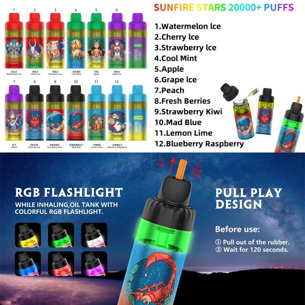 Stars Sunfire original 20000 Puffs Systèmes de pod RVB vape RGB 12ML 30ML Préfaisé 600mAh Dispositif de vape rechargeable France Vapes juridiques 30000 Puff 15k 20k V Voopoo