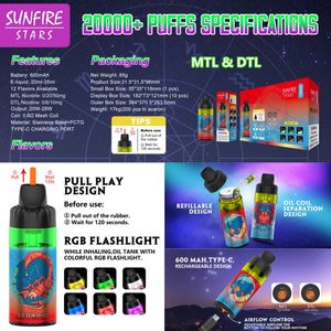 Stars du Sunfire d'origine 20000puffs Vape Vape Electronic Cigarette Reffillée Clean RVB Vapor E Cigs Puff Bar Vaper Wape 15K Livraison rapide Pré-rempli en Espagne