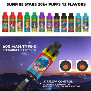 Originele Sunfire Tornado 15000 Puffs Vape 15000 Wegwerpsterren Vaper 600mAh Type-C laden 20 ml 30 ml voorgevulde pod met ejuice 12 smaken 0 mg 20 mg Nic e Sigaretten