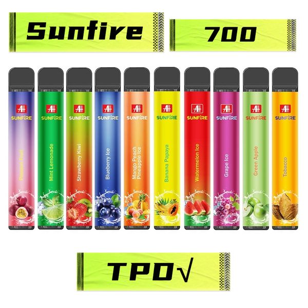 Sunfire Tornado original 700puff El kit de arranque de cigarrillos electrónico desechable resistencia 0% 2% 3% 5% 700 bocanadas TPD Certificado Vape Pen 2 ml Cartucho Vapor UK EE. UU. Eu al por mayor
