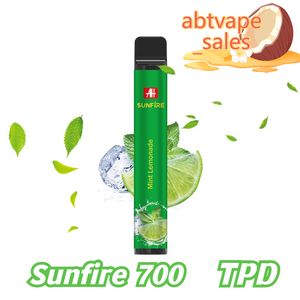 Originele Sunfire TPD 700 Puffs Disposable Vape 2ml voorgevuld 10 geregistreerde smaken 20 mg 550 mAh Batterij TPD -conforme damp voor EU UK USA Market met CE TPD 0% 2% 3% 5% VAPER VAPER