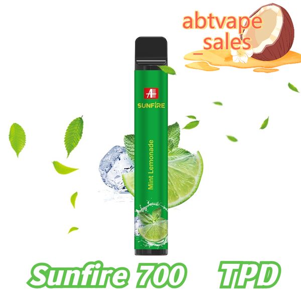Sunfire d'origine TPD 700 Puffs Vape Disposable 2ML Préfaisé 10 saveurs enregistrées 20mg 550mAh Batterie TPD Vapeur conforme pour EU UK USA Market avec CE TPD 0% 2% 3% 5% VACPER