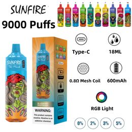 Boîte numérique de vape Sunfire originale 9000 Puffs Cigarettes Derniables Dispostants Comprend la vape de 18 ml 0/2/3/5% RECHARGable 600mAh Batterie Associée 10 saveurs Disponible