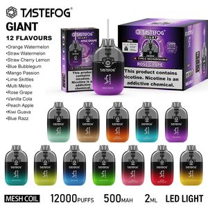 Original Tastefog Giant Puff 12000 Caja de vape desechable 2% Mesh Coil Puff 12k E-Cigarette 15ml 650 Batería recargable 12 sabores con linterna LED Control de flujo de aire