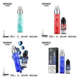 Original Tastefog TURBO Vape desechable recargable Pen 2 ml 800 Puff Mesh Coil Vapes Pod Vape Kit Cigarrillo electrónico con 5 colores 10 ml 12 sabores Precio al por mayor