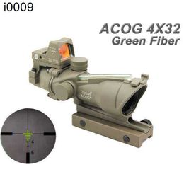 Original Trijicon Tactical ACOG 4x32 Real Fiber Source Green illuminé Rifle Scope avec RMR Mini Red Dot Sight Dark Earth
