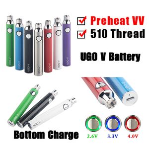 Batterie d'origine UGO V Préchauffage VV 650 900 mAh EVOD eGo 510 Tension USB Variable Réglable Vapor BUD Cartouches de préchauffage Batteries