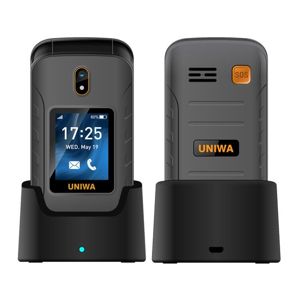 Original UNIWA V909T Teléfonos celulares con banda 4G completa Teléfono con tapa con botón grande Pantalla dual Cámara de 0.3mp Radio FM Teclado grande Teléfono celular con tapa para hombre mayor