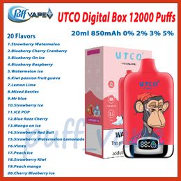 Originele Utco Digital Box 12000 PLUFT WEGELIJKE VAPE 20 SMAVORS 0% 2% 3% 5% NIVEAU 850 MAH Opladen Bettery E Sigaretten Puffs 12k 20ml Mesh Coil Damps Kit