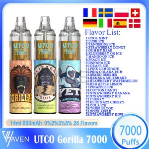 UTCO Gorilla 7000 Puffs Vape jetable 26 saveurs 14 ml Dispositif préfabillé 850mAh Type-C Batterie rechargeable de type C 1,0 Mesh Bobine 7k E Cigarettes